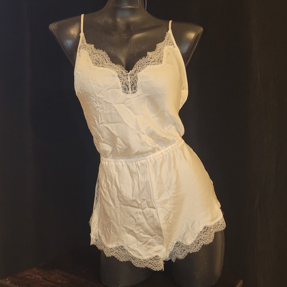 White Lace Satin Romper M